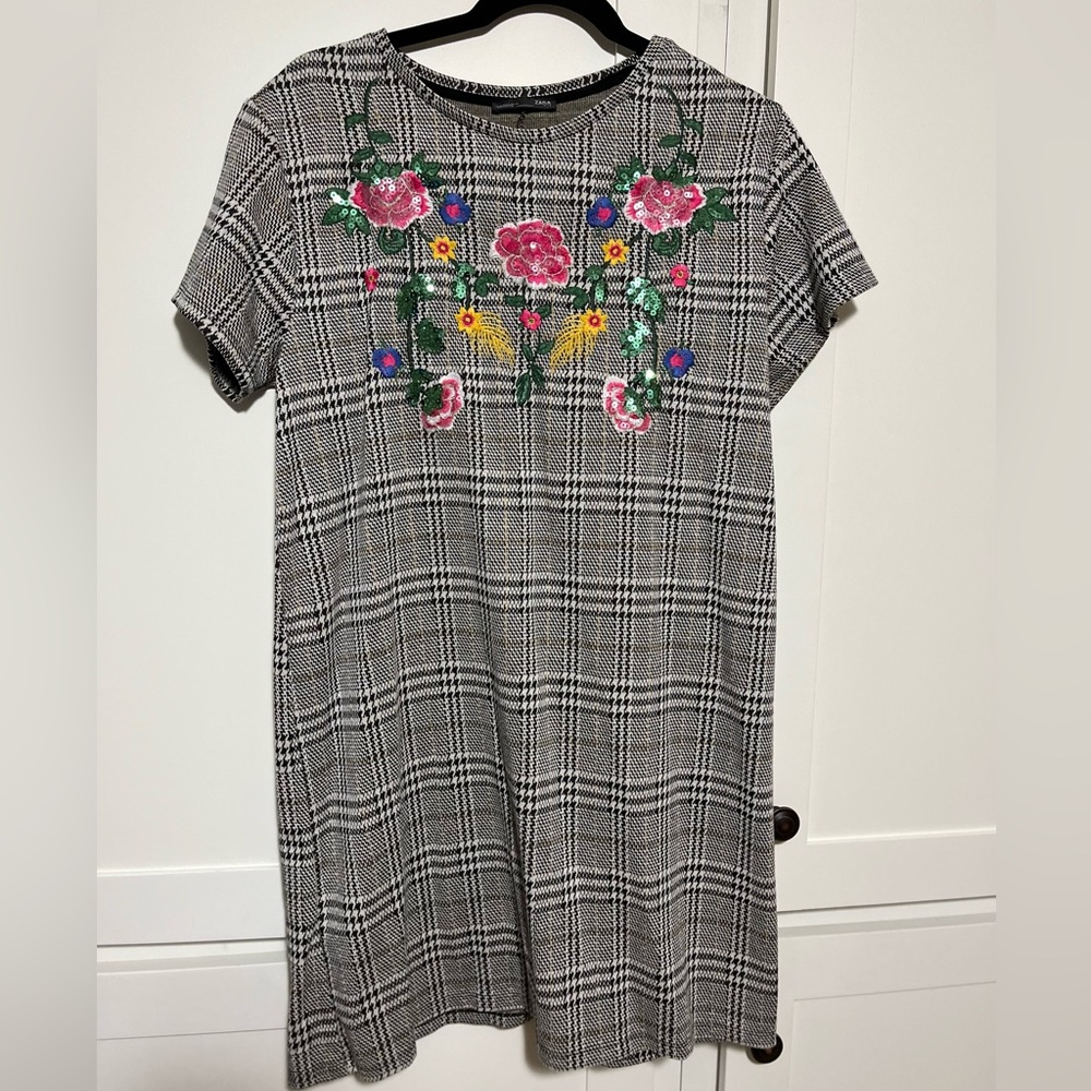 Zara Black and White Checkered Mini Dress with Colorful Floral Design